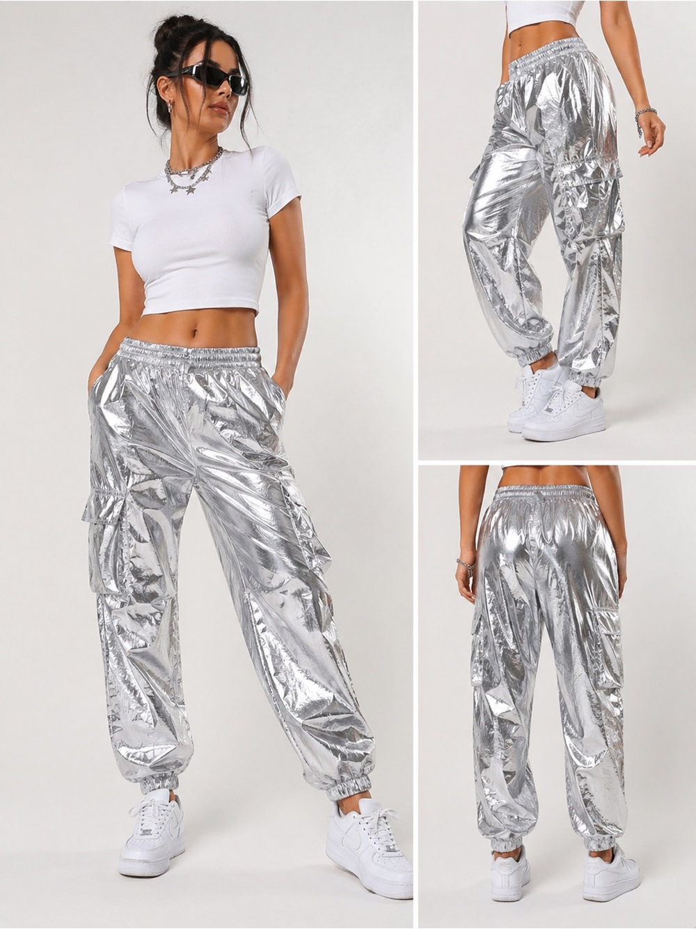 Metallic Silver Cargo Joggers Y2K Streetwear Rave Festival Pants L